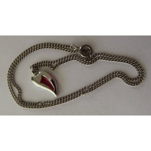 Heart Necklace Silver-tone Red Enamel 15" chain slated curved - Picture 5 of 7